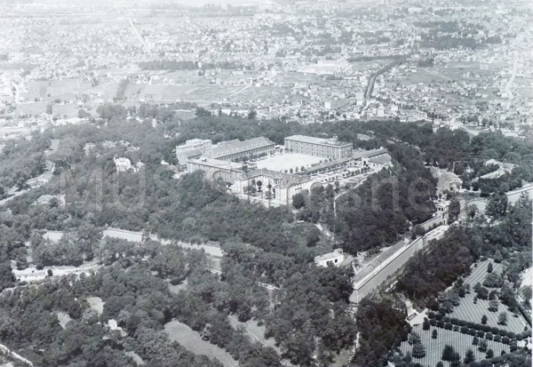 An aerial view of the Fortress of Mont Valérien looking back over the city of Paris