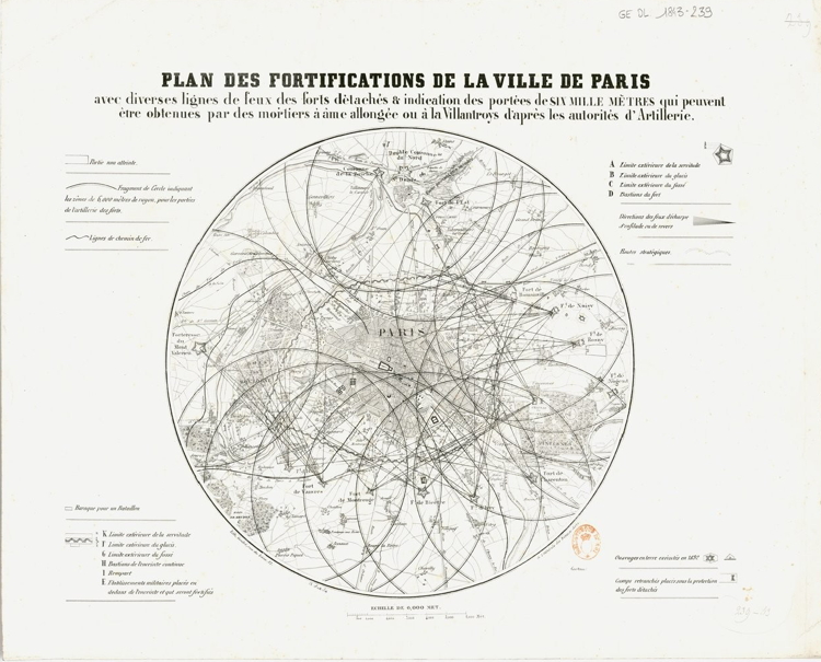 The range and line of fire of mortars and artillery from the 16 forts which encircled Paris