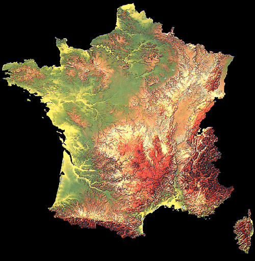 Relief map of France. Bayonne is on the Atlantic coast in the south west corner of the map.