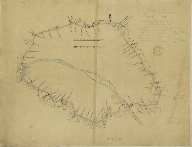 A Map showing the late 18th century Octroi tax gates and wall encircling Paris. It was built between 1784-90 to enable the private contractors who collected city taxes (the “Farmers General”) to prevent untaxed goods entering the city. There were 55 gates or “barriers” built before the Revolution (eventually there were 61) and the walls extended for 24 km.