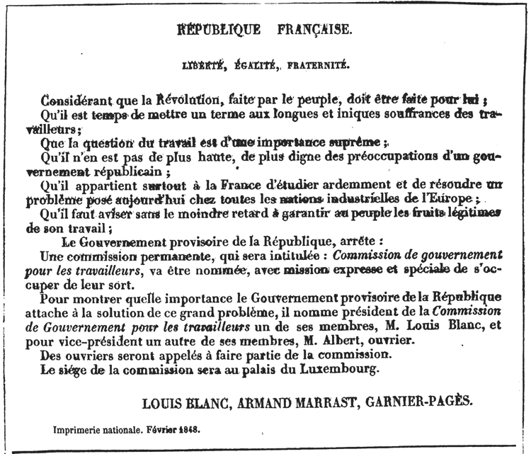 A wall poster announcing the formation of the National Workshops in Feb. 1848