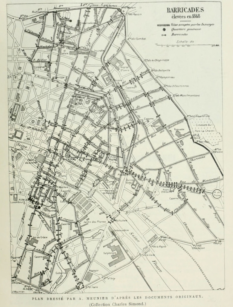 Map showing Barricades erected in Paris in June 1848